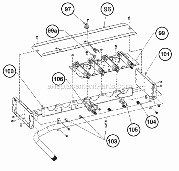 One Piece Burner Assembly 036-060 Diagram and Parts List for  Ruud Heater
