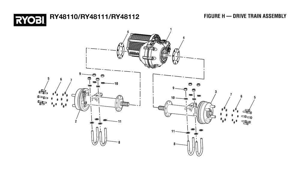 Figure H - Drive Train Assembly Diagram and Parts List for (Rev 02)(099749010)(2021-05) Ryobi Lawn Tractor