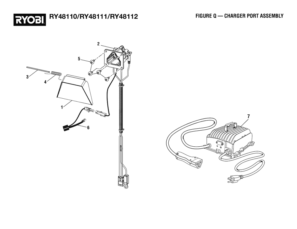 Figure Q - Charger Port Assembly Diagram and Parts List for (Rev 02)(099749010)(2021-05) Ryobi Lawn Tractor