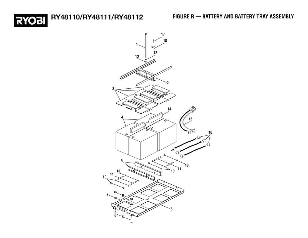 Figure R - Battery And Battery Tray Assembly Diagram and Parts List for (Rev 02)(099749010)(2021-05) Ryobi Lawn Tractor