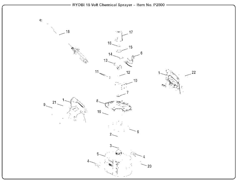General Assembly Diagram and Parts List for (Rev 03)(107270001)(2018-03) Ryobi Sprayer