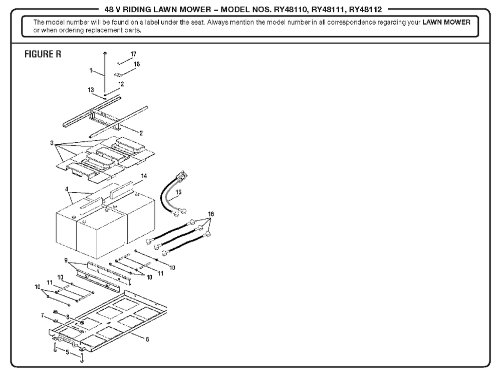 Figure R (Battery And Battery Tray Assembly) Diagram and Parts List for (Rev 01)(099749010)(2018-02) Ryobi Lawn Tractor