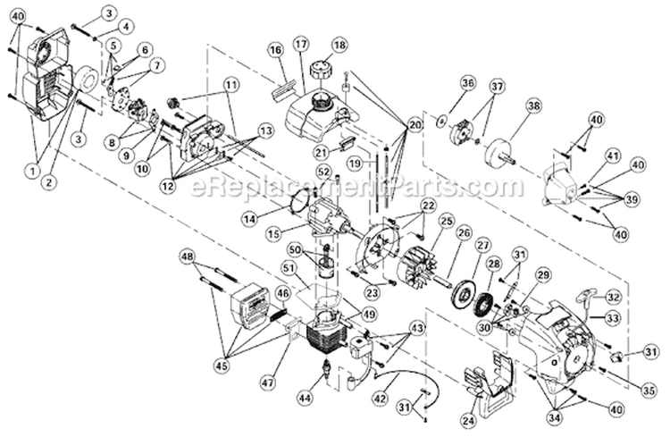 Engine Assembly Diagram and Parts List for 41BD725A034 Ryobi Trimmer