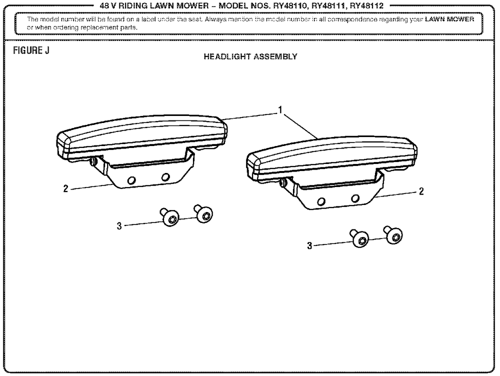 Figure J (Headlight Assembly) Diagram and Parts List for (Rev 01)(099749010)(2018-02) Ryobi Lawn Tractor
