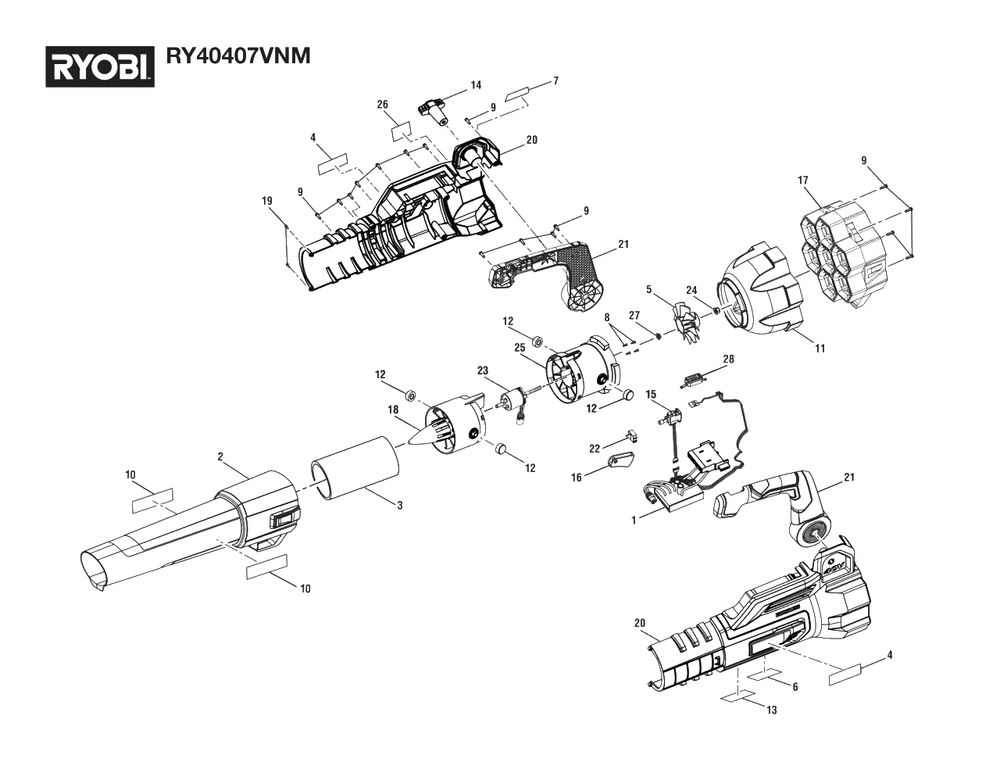 General Assembly Diagram and Parts List for (Rev 02)(107000002)(2022-01) Ryobi Leaf Blower / Vacuum