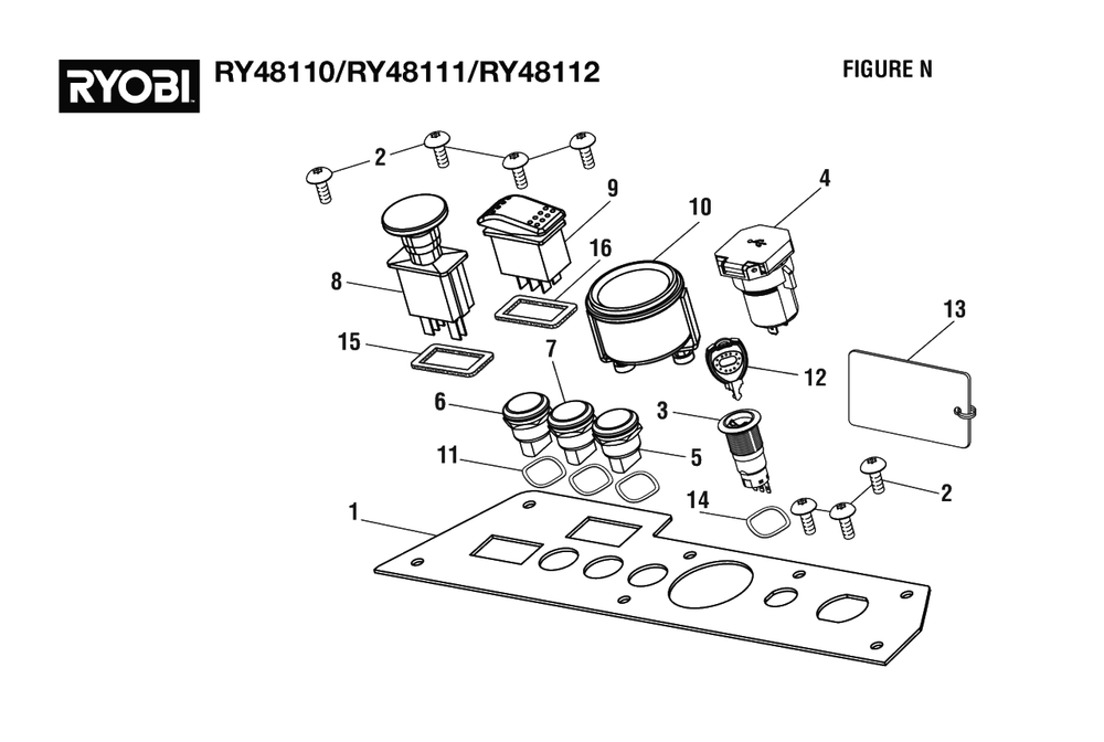 Figure N - Control Panel Assembly Diagram and Parts List for (Rev 05)(099749002)(2021-05) Ryobi Lawn Tractor