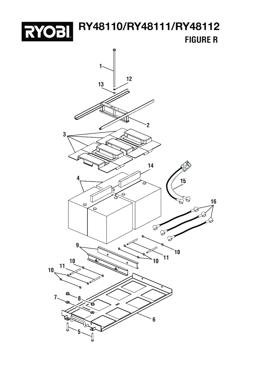 Figure R - Battery And Battery Tray Assembly Diagram and Parts List for (Rev 05)(099749002)(2021-05) Ryobi Lawn Tractor