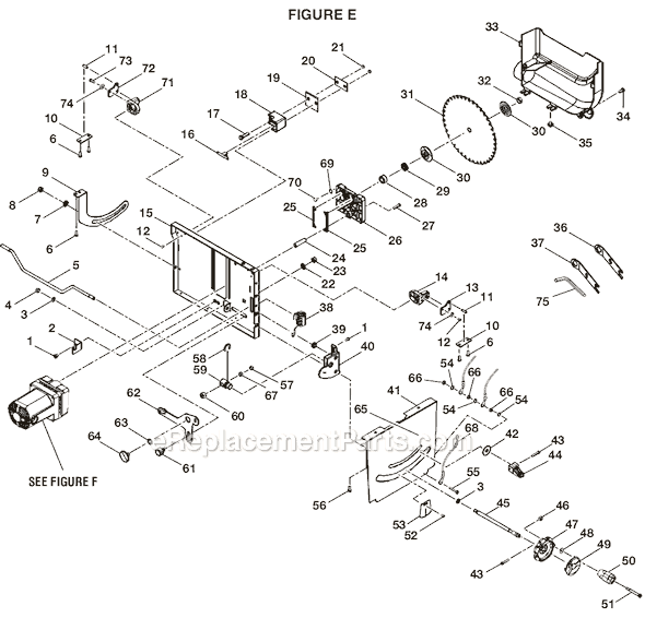 Page E Diagram and Parts List for  Ryobi Table Saw
