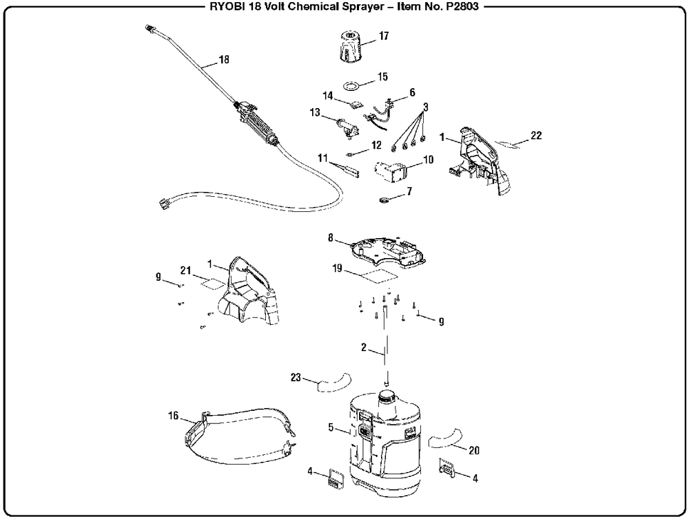 General Assembly Diagram and Parts List for (Rev 02)(107270002)(2018-03) Ryobi Sprayer