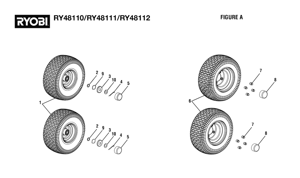 Figure A - Wheels And Hub Caps Diagram and Parts List for (Rev 05)(099749002)(2021-05) Ryobi Lawn Tractor