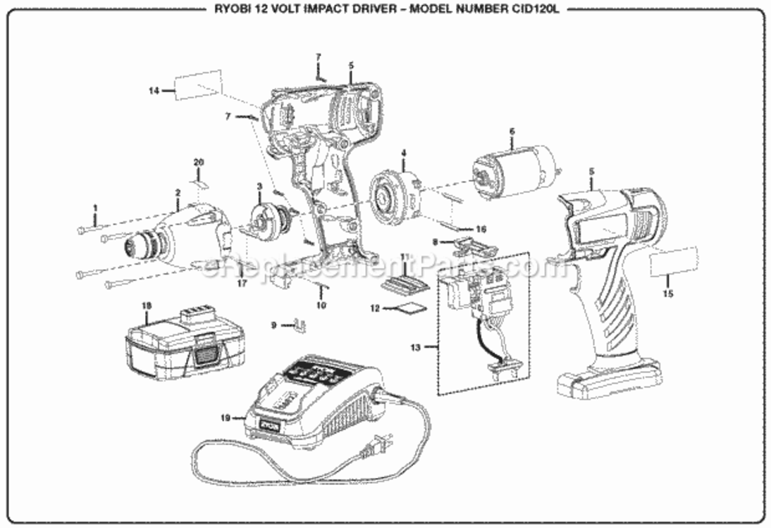 General_Assembly Diagram and Parts List for  Ryobi Impact Driver