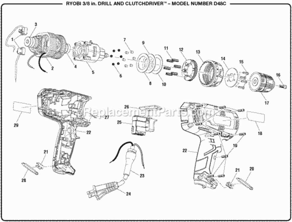General_Assembly Diagram and Parts List for  Ryobi Electric Drill