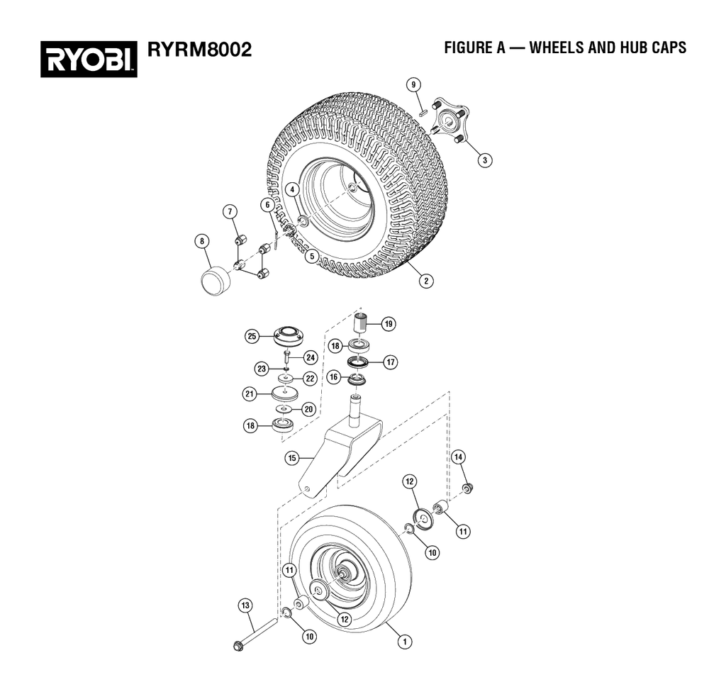 Figure A - Wheels And Hub Caps Diagram and Parts List for (Rev 01)(099262002)(2022-08) Ryobi Lawn Tractor