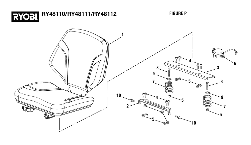 Figure P - Seat And Seat Springs Diagram and Parts List for (Rev 05)(099749002)(2021-05) Ryobi Lawn Tractor