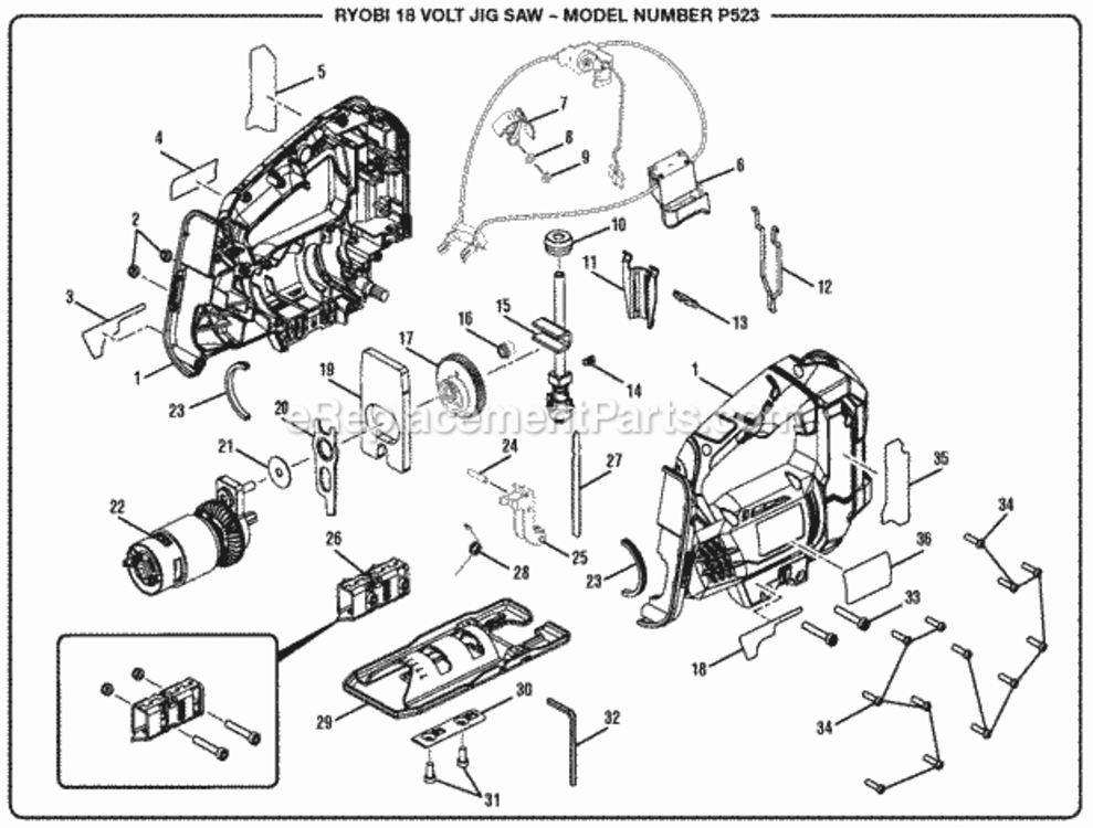 General_Assembly Diagram and Parts List for  Ryobi Jig Saw