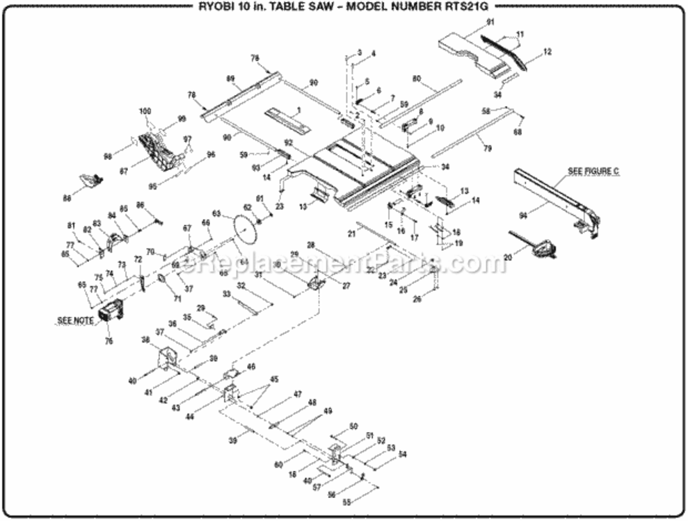 Figure_A Diagram and Parts List for  Ryobi Table Saw