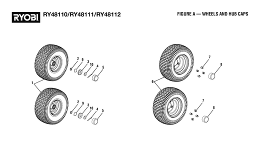 Figure A - Wheels And Hub Caps Diagram and Parts List for (Rev 02)(099749010)(2021-05) Ryobi Lawn Tractor