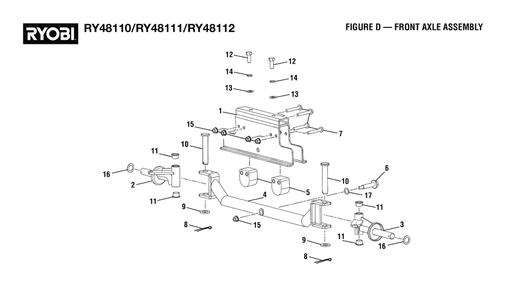 Figure D - Front Axle Assembly Diagram and Parts List for (Rev 02)(099749010)(2021-05) Ryobi Lawn Tractor