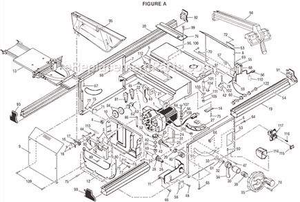 Page A Diagram and Parts List for  Ryobi Table Saw