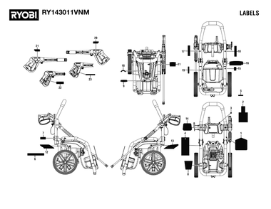 Labels Diagram and Parts List for (Rev 01)(095079845)(2022-07) Ryobi Pressure Washer