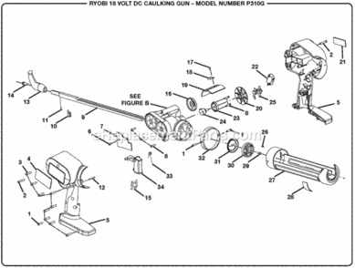 General_Assembly Diagram and Parts List for  Ryobi Caulking Gun