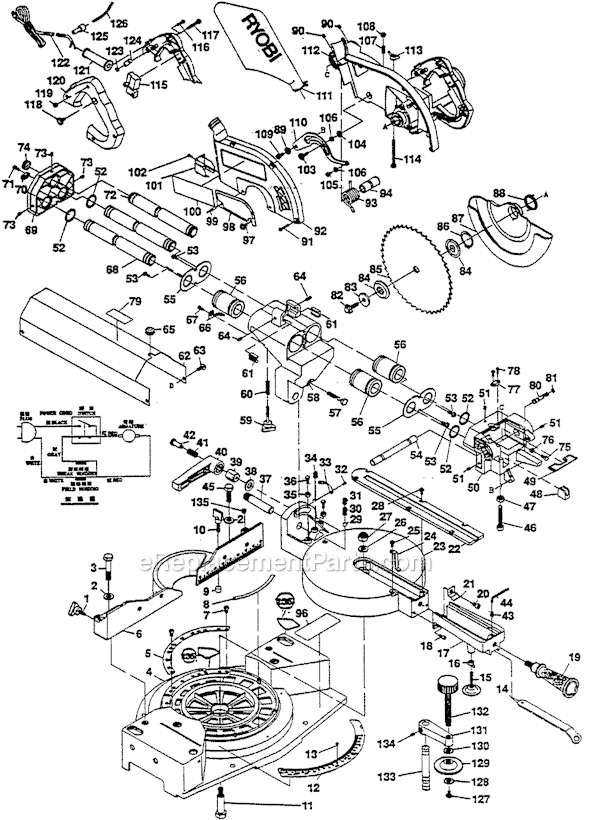 Page A Diagram and Parts List for After-001901 Ryobi Miter Saw