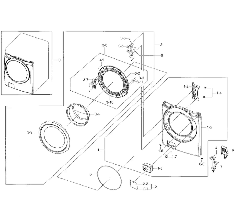 Frame Front & Door Diagram and Parts List for A2-0001 Samsung Washer