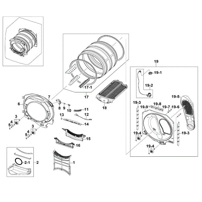 Drum Assembly Diagram and Parts List for DV520AGP XAA-00 Samsung Dryer
