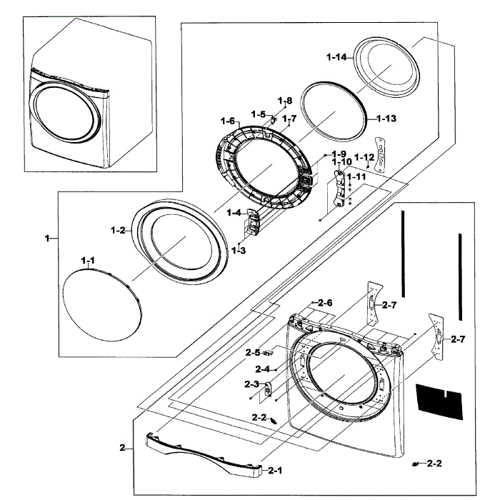 Front / Door Assembly Diagram and Parts List for DV520AEP XAA-02 Samsung Dryer