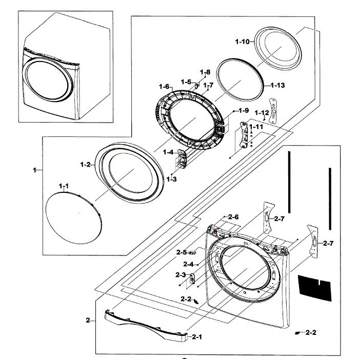 Front / Door Assembly Diagram and Parts List for DV520AGP XAA-03 Samsung Dryer