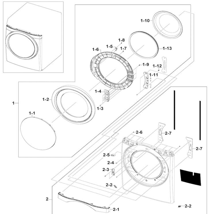 Front/door Assy Diagram and Parts List for DV520AGP XAA-0001 Samsung Dryer