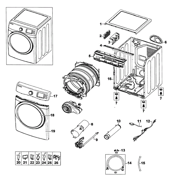 Main Assembly Diagram and Parts List for DV520AGP XAA-01 Samsung Dryer