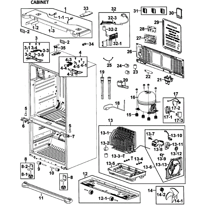 Cabinet Assembly Diagram and Parts List for XAA-00 Samsung Refrigerator