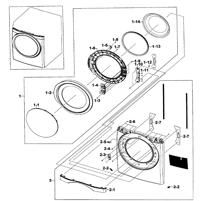 Front / Door Assembly Diagram and Parts List for DV520AEP XAA-01 Samsung Dryer