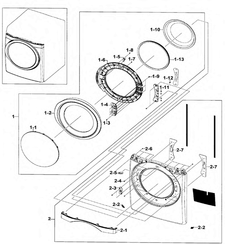 Front/door Assy Diagram and Parts List for DV520AGP XAA-0002 Samsung Dryer