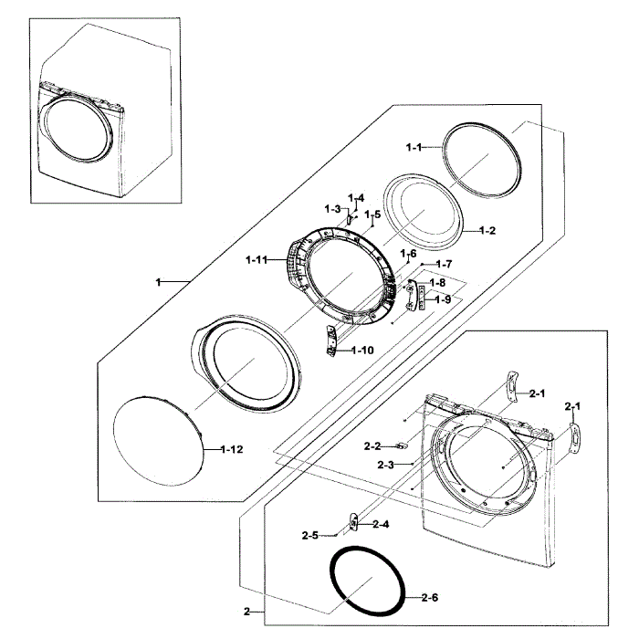 Frame Front And Door Diagram and Parts List for XAA-03 Samsung Dryer