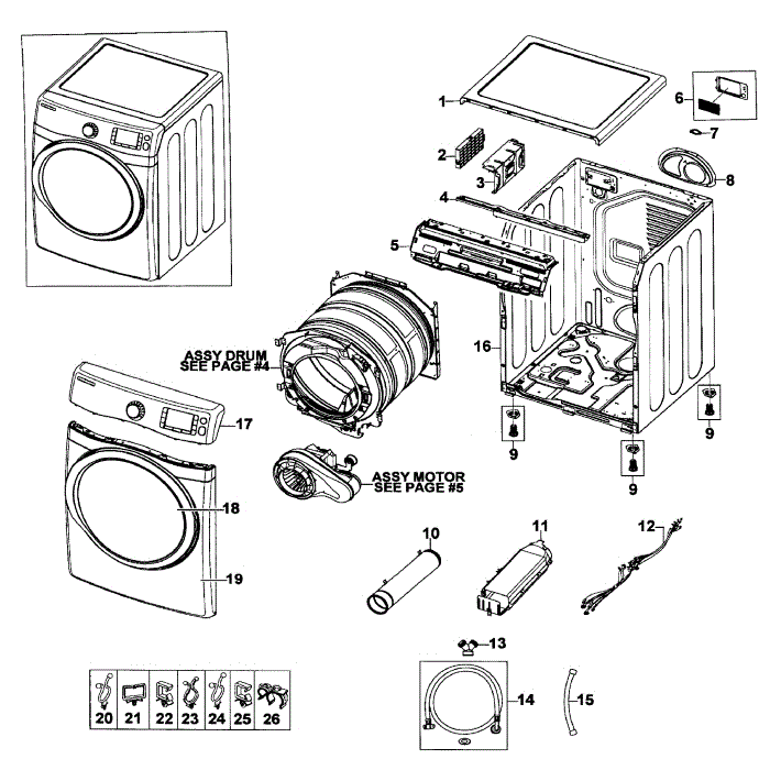 Main Assembly Diagram and Parts List for DV520AEP XAA-01 Samsung Dryer