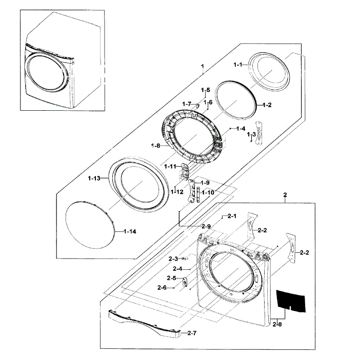 Front / Door Assembly Diagram and Parts List for DV511AER XAA-02 Samsung Dryer