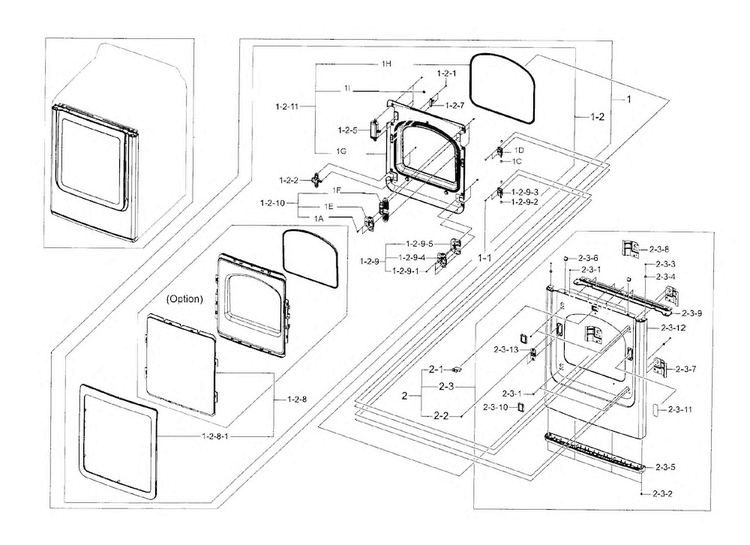 Frame Front & Door Diagram and Parts List for A2-0000 Samsung Dryer