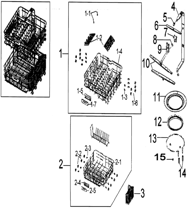 Baskets Diagram and Parts List for XAA Samsung Dishwasher