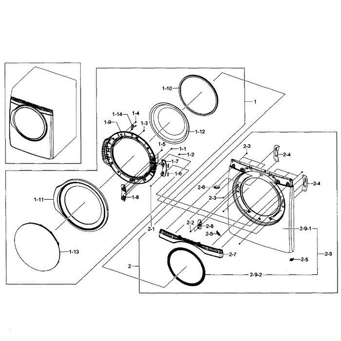 Front Assembly Diagram and Parts List for DV431AEP XAA-01 Samsung Dryer