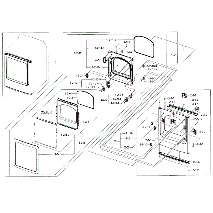 Frame Front And Door Diagram and Parts List for A2-01 Samsung Dryer