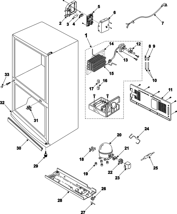 Machine Compartment And Cabinet Back Diagram and Parts List for XAA Samsung Refrigerator