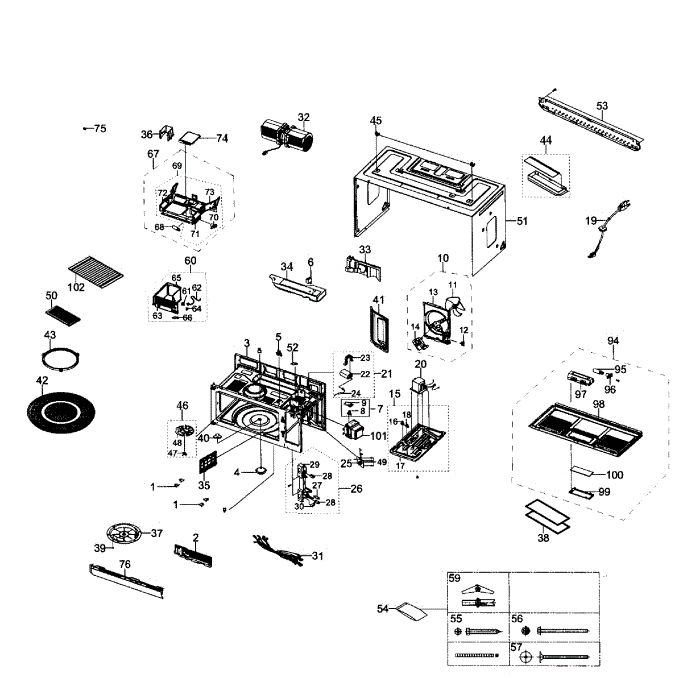 Main Assembly Diagram and Parts List for XAA-01 Samsung Microwave Oven Combo
