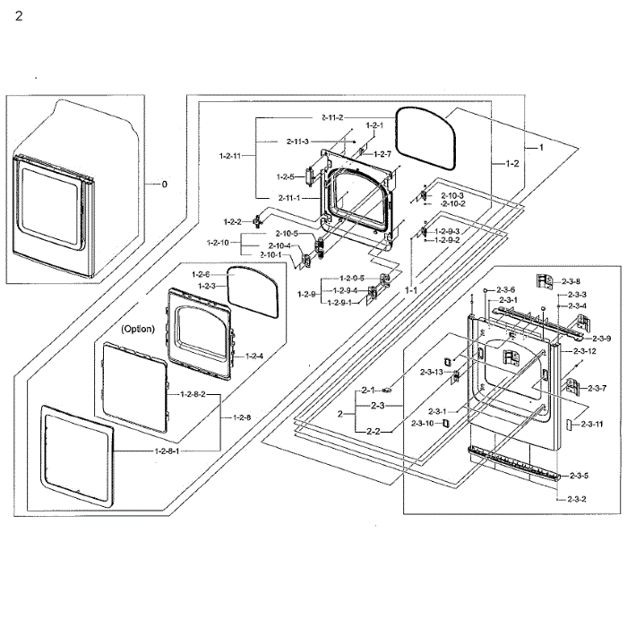 Frame Front And Door Diagram and Parts List for A2-01 Samsung Dryer