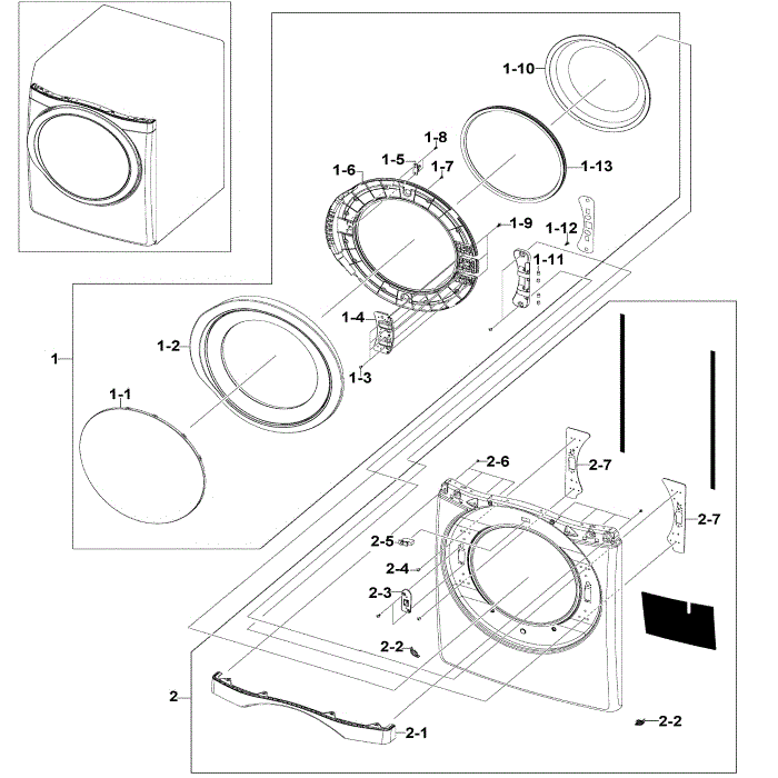 Frame Front And Door Diagram and Parts List for DV520AGP XAA-00 Samsung Dryer