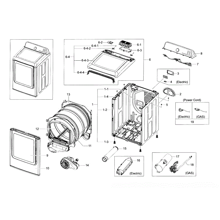 Main Assembly Diagram and Parts List for A2-00 Samsung Dryer
