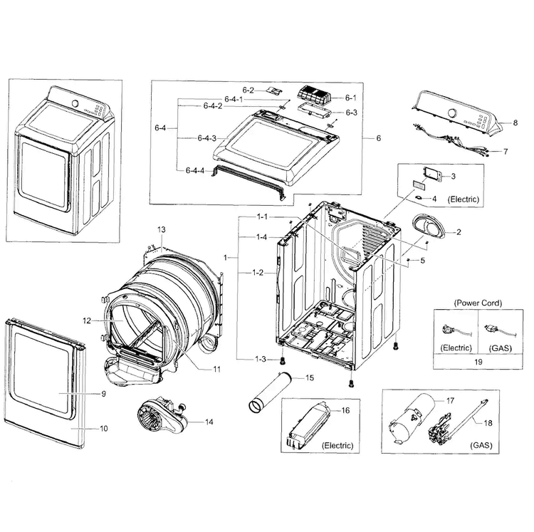Main Assy Diagram and Parts List for A2-0000 Samsung Dryer