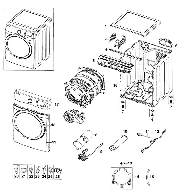 Main Assy Diagram and Parts List for DV520AGP XAA-0001 Samsung Dryer