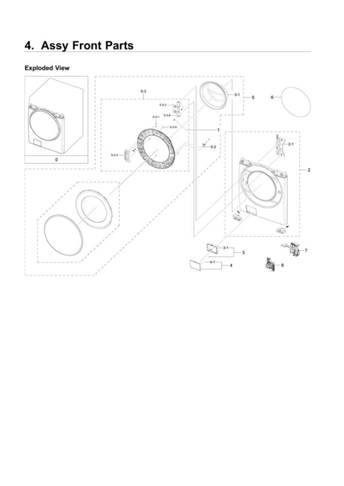 Front Parts Assembly Diagram and Parts List for US-01 Samsung Washer